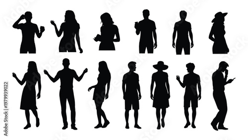 A collection of black silhouettes depicts diverse people in various casual poses suggesting movement and interaction high quality professional detailed modern
