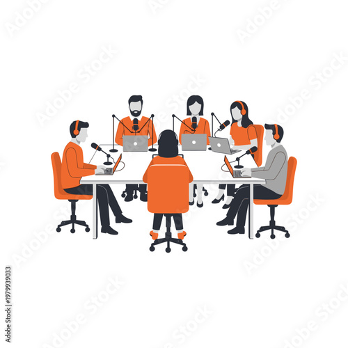 Team collaborating in a modern meeting with laptops and microphones