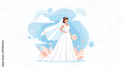 Beautiful bride in a long white wedding dress holding a bouquet of flowers with falling petals on a light blue background.