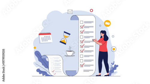 Woman checking off items on an extremely long to-do list scroll surrounded by time management icons like a calendar and clock.