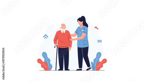 Professional young female caregiver provides support and assistance to an elderly man with a cane as they walk together in a caring environment.