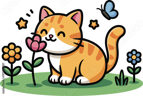 Cute Cartoon Ginger Cat Sitting in Garden Smelling Flowers with Butterfly and Stars for Kids Nursery Decor Children Book Illustration and Pet Greeting Card Design