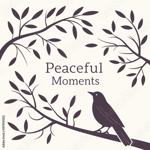 Peaceful moments with bird on branch and floral elements