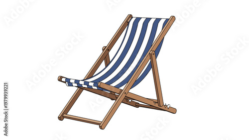 Classic wooden beach lounge chair with blue and white striped fabric for summer vacation and tropical relaxation concepts.