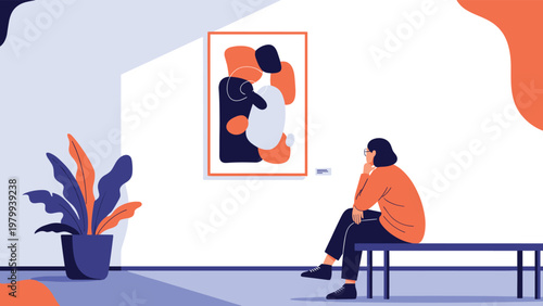 Calm woman sits on a bench in a modern art gallery, quietly contemplating an abstract painting in a minimal and serene exhibition space.