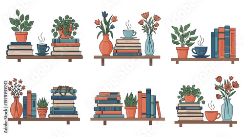 Six different stylish shelf arrangements feature stacks of books, potted indoor plants, and steaming cups of coffee or tea in a cozy home setting.