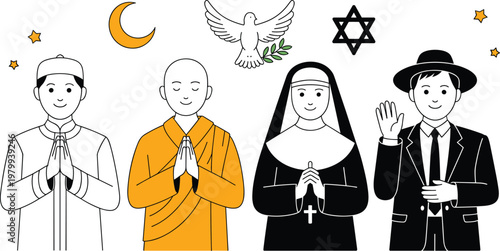 Diverse Religious Leaders Character Set Featuring Muslim Monk Nun and Jewish Man with Peace Dove Moon and Star Symbols for Interfaith Unity and Cultural Diversity Vector Illustration