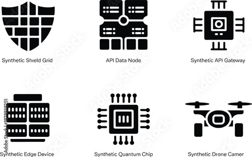 Set of six vector icons representing modern networking security data processing and advanced computing hardware components