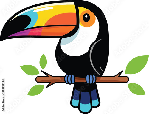 Cartoon toucan bird with colorful beak sitting on a branch with green leaves animal wildlife