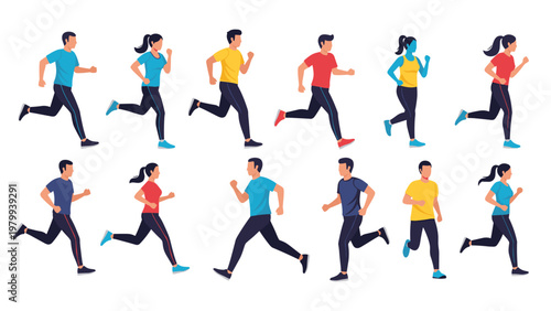 Colorful grid of male and female athletes in various running and jogging poses wearing different styles of activewear clothing.