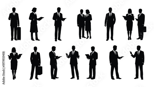 A collection of silhouetted business professionals in suits some holding briefcases or tablets depicted in various poses high quality professional detailed