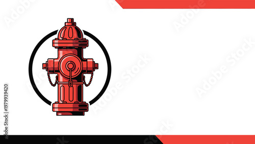 Distinctive red fire hydrant icon placed inside a black circular border on a white background with decorative red and black stripes.