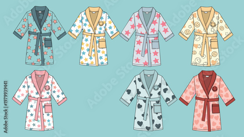 Selection of cozy children's bathrobes featuring various colorful patterns like stars, hearts, and smiley faces on a blue backdrop.