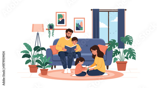 Happy family of four enjoys quality time in a cozy living room, with a father reading to his son while the mother plays with her young daughter.