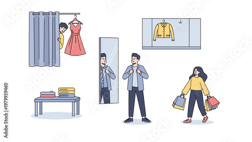 Fashion retail illustration of people shopping for clothes, trying items in a mirror, and carrying colorful shopping bags.