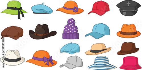 Large collection of colorful hats including caps, cowboy hats, beanies, sun hats and fashion headwear vector illustration set for design