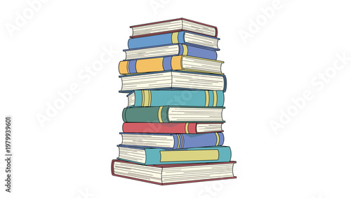 High stack of colorful books with different spine designs and covers isolated on white background for education concept.