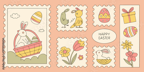 

Vintage vector set of Easter elements and greeting cards featuring a sweet pink cupcake design with retro scrapbook labels and baby shower heart illustrations
