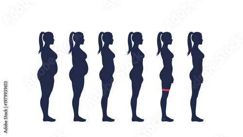 Silhouette sequence illustrating a woman's body transformation or weight loss journey through various stages of physical change.