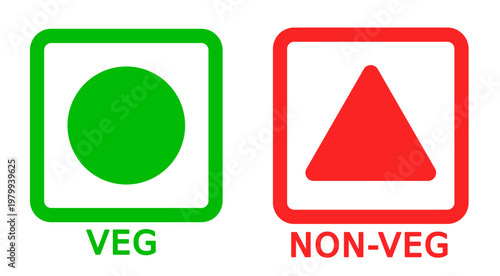vegetarian food and non veg red meat pure green food square icon set	