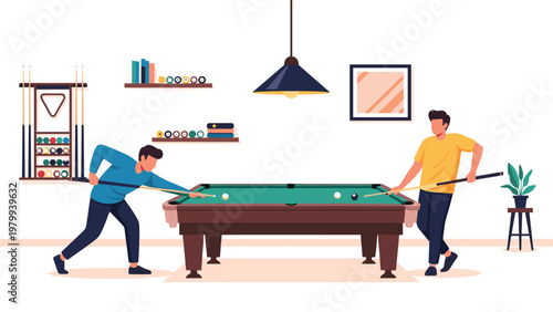 Two men playing a game of pool or billiards on a green felt table in a leisure room equipped with cues and balls on shelves.