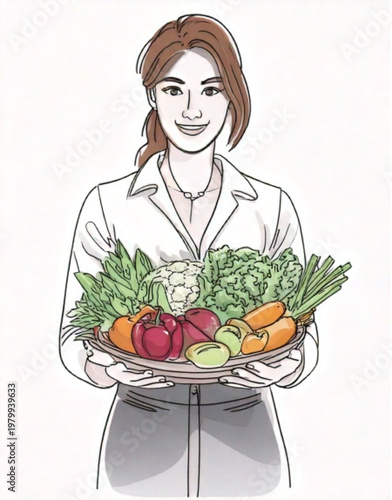 Woman holding fresh organic vegetables and fruits healthy eating concept.