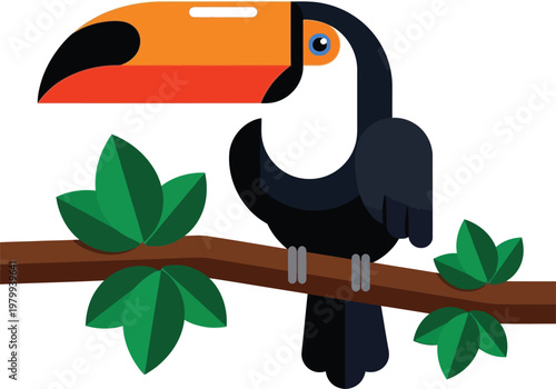 Stylized toucan bird with large orange and black beak perched on a brown branch with green leaves animal