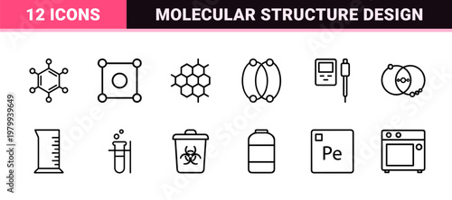 Minimalist molecular chemistry and science lab icon set