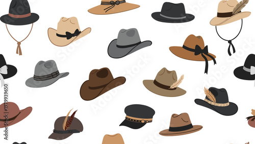 Seamless pattern background of various stylish hats including cowboy hats fedoras and caps in different colors and styles.