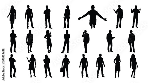 A collection of twenty three black silhouettes depicting diverse people in various casual poses and outfits against a white background