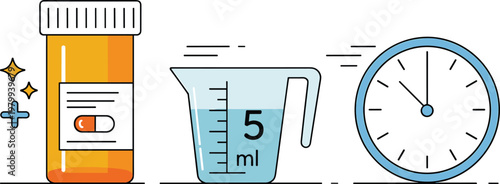 Medical Medication Management Concept Featuring Prescription Pill Bottle Graduated Measuring Cup with Liquid and Clock for Pharmacy Schedule and Healthcare Timing Design