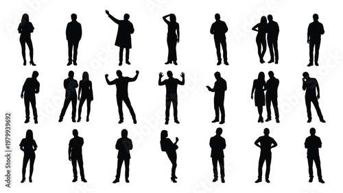 A collection of twenty five black silhouettes depicting diverse people in various poses and interactions against a white background high quality