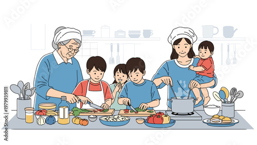Happy multi-generational family including grandmother and children preparing a healthy meal together in a modern kitchen.
