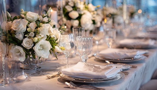 Elegant Wedding Reception Table Setting with White Floral Arrangements.
