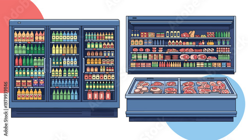 Supermarket commercial refrigeration units and display cases stocked with various food products, beverages, and dairy items.