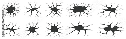 Collection of eight cracked ground graphic elements, isolated on white background.