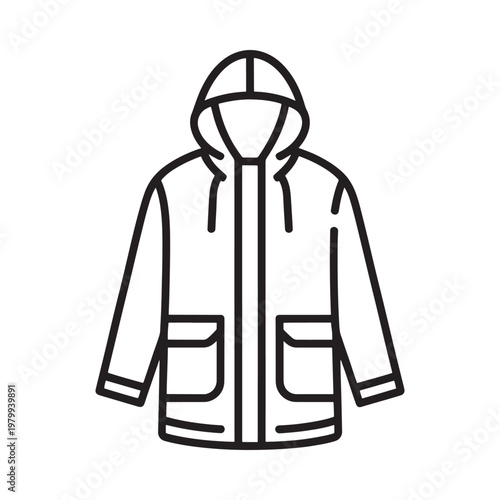 Line art illustration of a hooded jacket or coat with pockets
