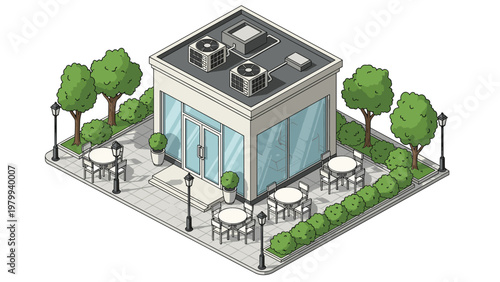 Isometric view of a contemporary cafe or restaurant building featuring an outdoor terrace area with tables, chairs, and trees.