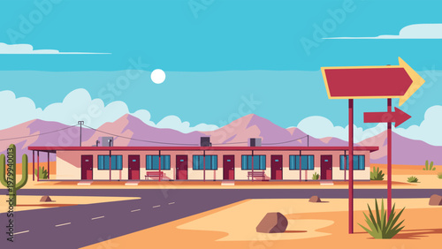 Retro style roadside motel in a desert landscape with mountains cacti and a large blank promotional sign board.