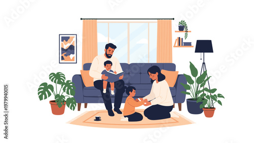 Happy young family spending quality time together in a cozy living room with parents reading books and playing with their young kids.