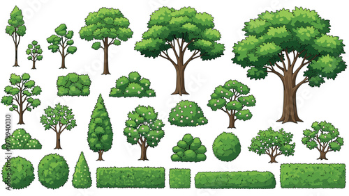 Extensive collection of various tree and shrub illustrations showing different species, shapes, and sizes for landscape design.