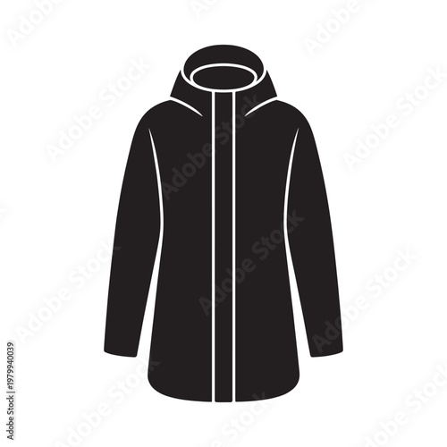 Simple black and white illustration of a hooded winter coat design