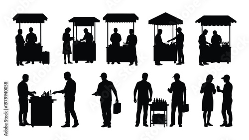 A collection of black silhouettes depicts vendors at market stalls and customers interacting showcasing a bustling outdoor scene high quality professional