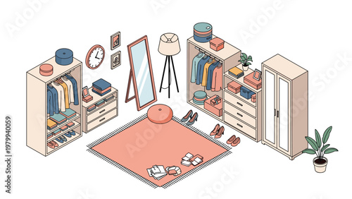 Highly organized walk-in closet or dressing room featuring clothes racks, drawers, mirrors, and shoes shown in a clean isometric view.