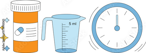 Medical Medication Management Concept Featuring Prescription Pill Bottle Graduated Measuring Cup with Liquid and Clock for Pharmacy Schedule and Healthcare Timing Design