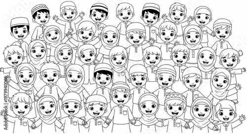 Group of smiling people in a black and white illustration.
