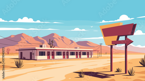 Desert roadside motel building with mountains and large vintage neon sign board under a bright blue sky for travel concept.