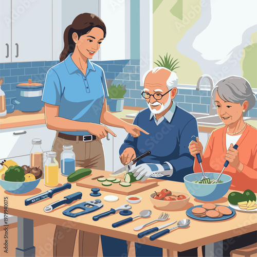 A professional vector illustration of a Recreational Therapist teaching an elderly couple how to prepare simple, healthy snacks using adaptive kitchen tools (cut-resistant gloves, specialized knives).