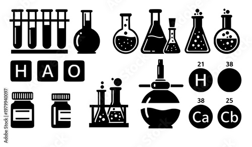 Test tube silhouette icon set chemistry lab vector symbols