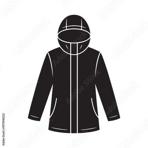 A simple black silhouette illustration of a hooded jacket